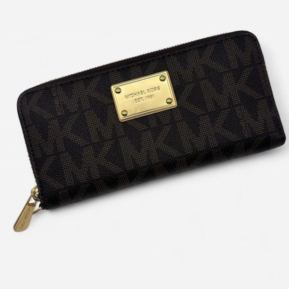 Michael Kors Monogram Jet Set Gold and Brown Leather Clutch with COA